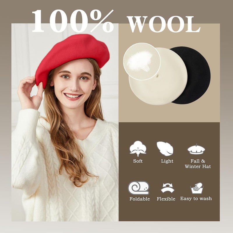 recapitula XXL 100% Wool French White Beret Hats for Women Man Painter hat Classic Painter's Hat Girl Solid Color Classic - Image 2